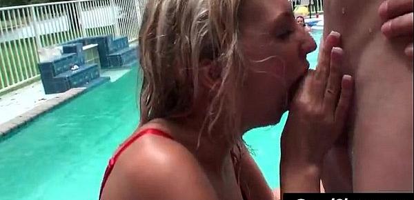  girl gives blowjob in pool while other are around